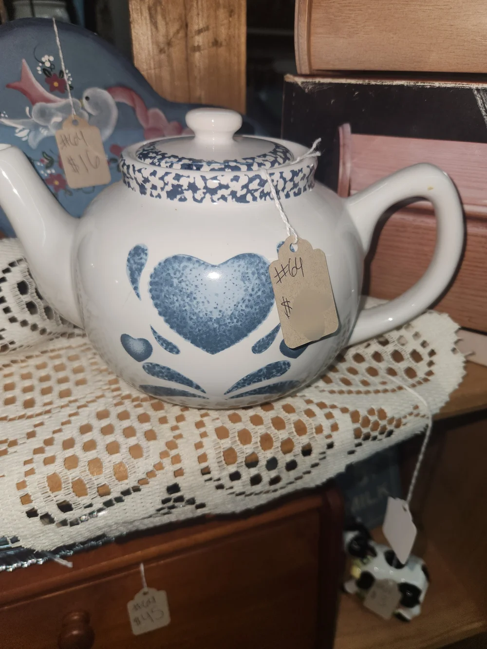 White Ceramic Teapot with Blue Heart Motif